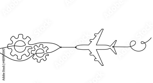 Abstract round metal gears wheels with plane as line drawing on white background