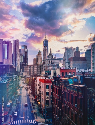city skyline at sunset New York street buildings life Manhattan 