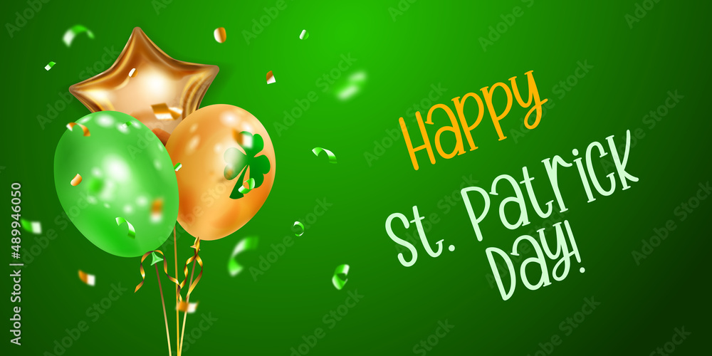 Illustration on St. Patrick's Day with several colored helium balloons: ordinary and in the form of a four-leaf clover, and falling pieces of serpentine. On green background