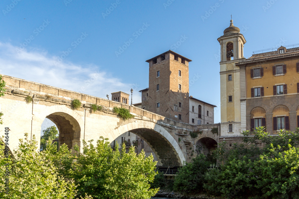 Castello Caetani, Tiber River and Pons Fabricius in city of Rome, Italy