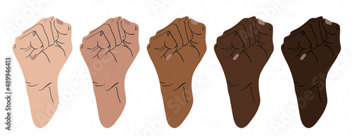 Ilustración de conjunto de puños alzados. Puños en diversos tonos de piel. Conceptos de diversidad, fuerza, tolerancia, igualdad, unidad, asociación, lucha