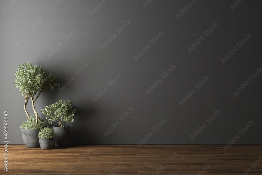 Fototapeta premium Empty room interior with black wall, decorative tree, sunlight, parquet floor and copy space. 3D Rendering