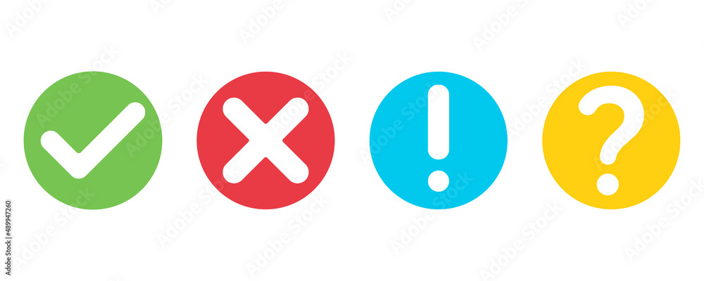 Check mark, exclamation, cross and question sign. Colored vector buttons. Vector set. Check mark, exclamation, cross and question sign. Colored vector buttons. Vector set.