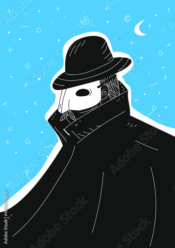 Illustration of mysterious man with mask and black hat, secret detective, Ilustración de hombre misterioso con antifaz y sombrero negro, detective secreto, sherlock holmes