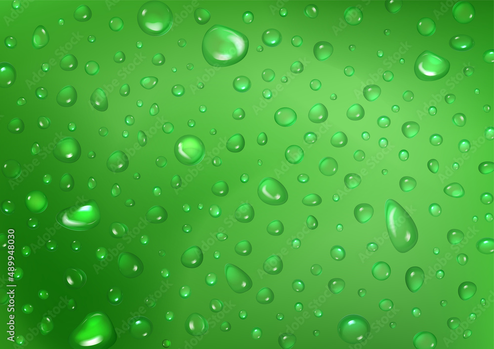 Fresh water drops on green abstract background. Drop wet texture or condensation water on grass color. Pure shining rain droplets, close up backdrop. Realistic 3d vector illustration