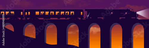 A passenger train is seen crossing a trestle bridge at sunset in this 3-d illustration about passenger trains. photo