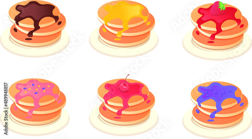 Cartoon pancakes. Stacks of tasty pancakes with maple syrup, butter, chocolate syrup, fruits and jam.