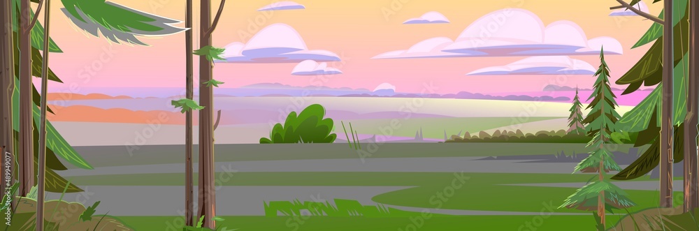 Rural fields. Beautiful scene in nature. Nice summer landscape in morning or in evening. Illustration in cartoon style flat design. Vector Rural fields. Beautiful scene in nature. Nice summer landscape in morning or in evening. Illustration in cartoon style flat design. Vector