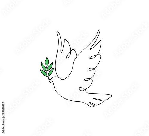 One continuous line drawing of flying dove with olive branch. Bird and twig symbol of love peace and freedom in simple linear style. Pigeon icon. Doodle vector illustration