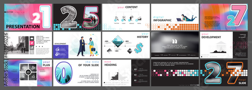 Business presentation powerpoint. Information infographic design template, multicolored and black elements, white background, set. Team of people creates a business, teamwork, Work. Use in Mobile app