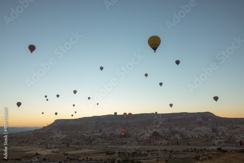 Cappadocia. Hot air balloons on the sky in Goreme. Travel to Turkey background