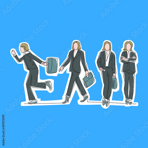 Cartoon-style illustration of a businessman in suit with a briefcase shown in four dynamic poses: walking, running, standing, and arms crossed—representing motion, work ethic, and professionalism.