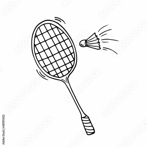 Doodle Badminton. Shuttlecock and racket. Sports and recreation. Doodle. Vector. Hand-drawn illustration.