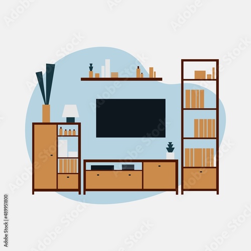 Livingroom appartment design minimalistic wall decor with TV lamp decorative plants and bookcase in pastel colors  on bright blue background isolated flat vector illustation
