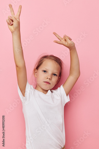 pretty young girl emotion hands gesture isolated background