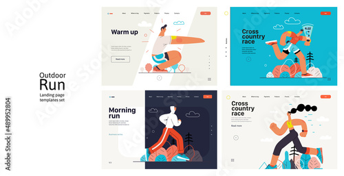 Runners website templates set. Flat vector concept illustrations of athletes running in a park, forest, stadium track or street landscape. Healthy activity and lifestyle. Sprint, jogging, warming up.