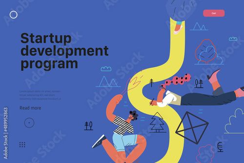 Startup illustration, website landing template Flat line vector modern concept illustration, startup metaphor. Concept of building new business, strategy, company processes. Startup development