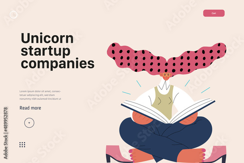 Startup illustration, website landing template Flat line vector modern concept illustration, startup metaphor. Concept of building new business, strategy, company processes. Unicorn startup companies