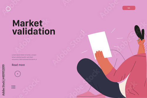 Startup illustration, website landing template Flat line vector modern concept illustration, startup metaphor. Concept of building new business, strategy, company processes. Market validation