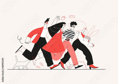 Startup illustration. Flat line vector modern concept illustration of young people, startup metaphor. Concept of building new business, planning, strategy, teamwork and management, company processes