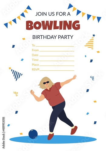 Vector bowling party invitation with a girl dressed in sports apparel playing bowling hand drawn cartoon illustration