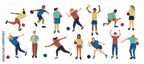 Vector set of men and women dressed in sports apparel playing bowling hand drawn cartoon illustration