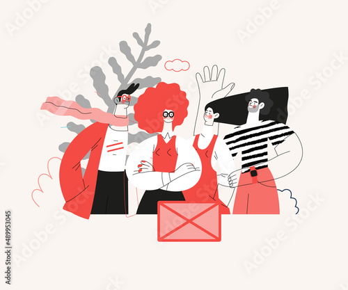 Startup illustration. Flat line vector modern concept illustration of young people, startup metaphor. Concept of building new business, planning, strategy, teamwork and management, company processes