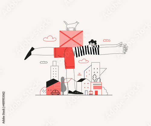 Startup illustration. Flat line vector modern concept illustration of a young man, startup metaphor. Concept of building new business, planning and strategy, teamwork and management, company processes