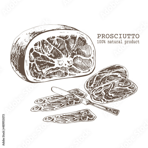 345_prosciutto_ham italian, prosciutto, traditional, cured, cured pork, sketch, ham, engraving, vintage style, farm meat product, whole and sliced, knife,