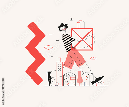 Startup illustration. Flat line vector modern concept illustration of a young man, startup metaphor. Concept of building new business, planning and strategy, teamwork and management, company processes