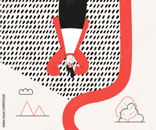 Startup illustration. Flat line vector modern concept illustration of a young man, startup metaphor. Concept of building new business, planning and strategy, teamwork and management, company processes