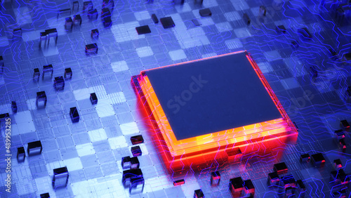 Obraz na płótnie Microchip concept. CPU. Firmware for microcontrollers. Microchips on a circuit board. 3D render