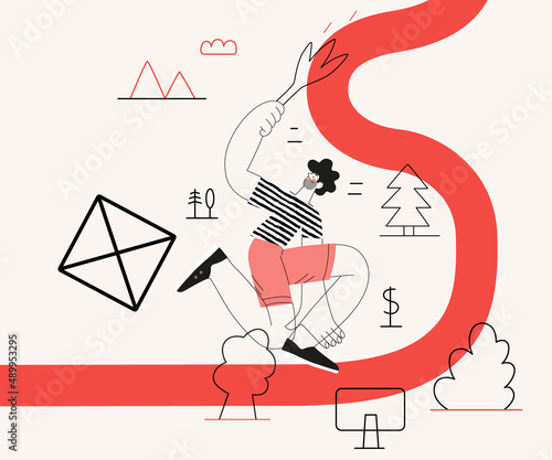 Startup illustration. Flat line vector modern concept illustration of a young man, startup metaphor. Concept of building new business, planning and strategy, teamwork and management, company processes