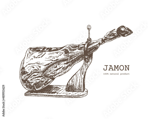 343_jamon_Spanish jamon, traditional jerky,dried pork, ham sketch, wooden chopping stand, engraving, vintage style, farm meat product, Spanish jamon, Iberico, serrano
