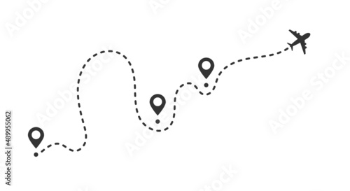 Plane routes flight air dotted line drawing vector isolated illustration