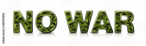 No war poster word for banner with silhouettes of army weapons, tank and rocket vector illustration