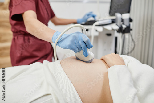 Bild auf Leinwand Close up of female doctor holding ultrasound transducer to pregnant belly while