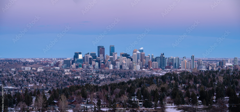 Panoramic image of Calgary, Alberta at sunset.