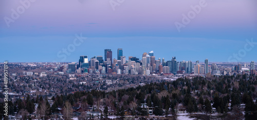 Panoramic image of Calgary  Alberta at sunset.