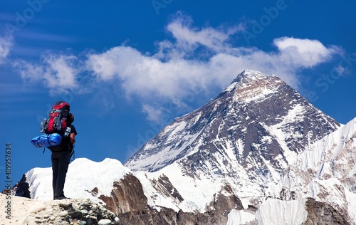 Mount Everest seen from Gokyo valley with tourist