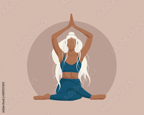 Young woman sitting in yoga pose. Beauty and mental health. Vector illustration.