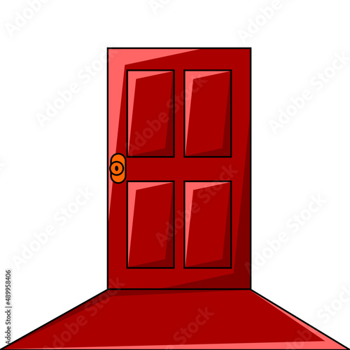 Illustration of red door with red carpet.