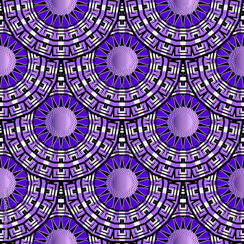Tiled floral 3d mandalas seamless pattern. Ornamental greek style background. Ethnic round mandalas with abstract 3d flowers. Repeat vector patterned backdrop. Beautiful ornaments in violet colors