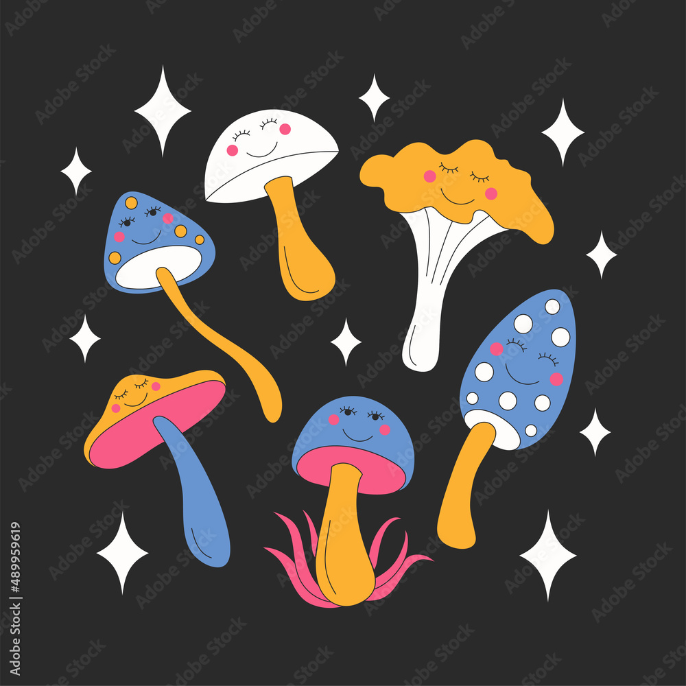 Obraz premium Retro mushromms and sparkles on dark background.