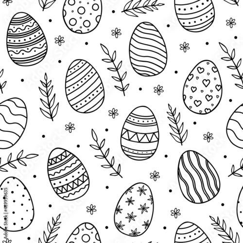 Hand drawn seamless pattern with Easter Eggs. .Happy Easter template with eggs, flowers and leaves. Doodle sketch style. Hand drawn vector illustration.