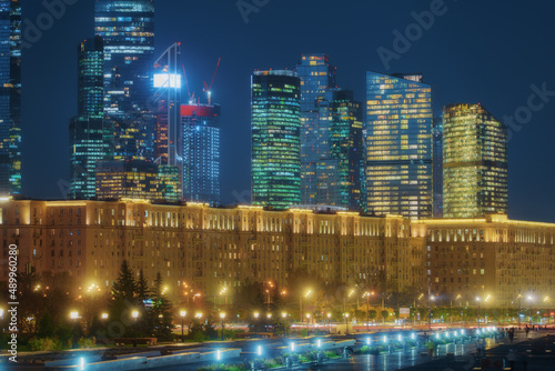 Moscow, Russia at night. Cityscape of illuminated Moscow City, business center. View from Poklonnaya Gora at Park Pobedy (Victory Park)