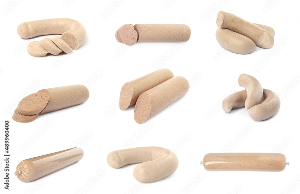 Set with tasty liver sausages on white background Set with tasty liver sausages on white background