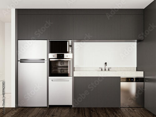 Modern interior design dark gray slat kitchen with marble countertop, glass backsplash and brushed aluminum appliances, 3d rendering, 3d illustration