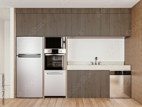 Modern interior design wooden slat kitchen with marble countertop, glass backsplash and brushed aluminum appliances, 3d rendering, 3d illustration