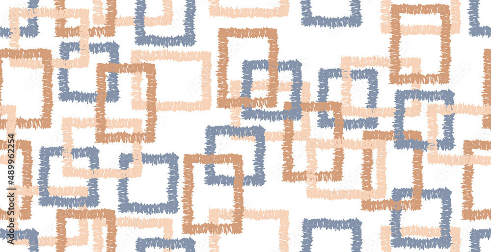 Bohemian Boho nahtloses Muster aus ausgefransten Rechtecken und Quadraten in sandfarben und jeans blau für Druck auf Textil, Papier, Interieur